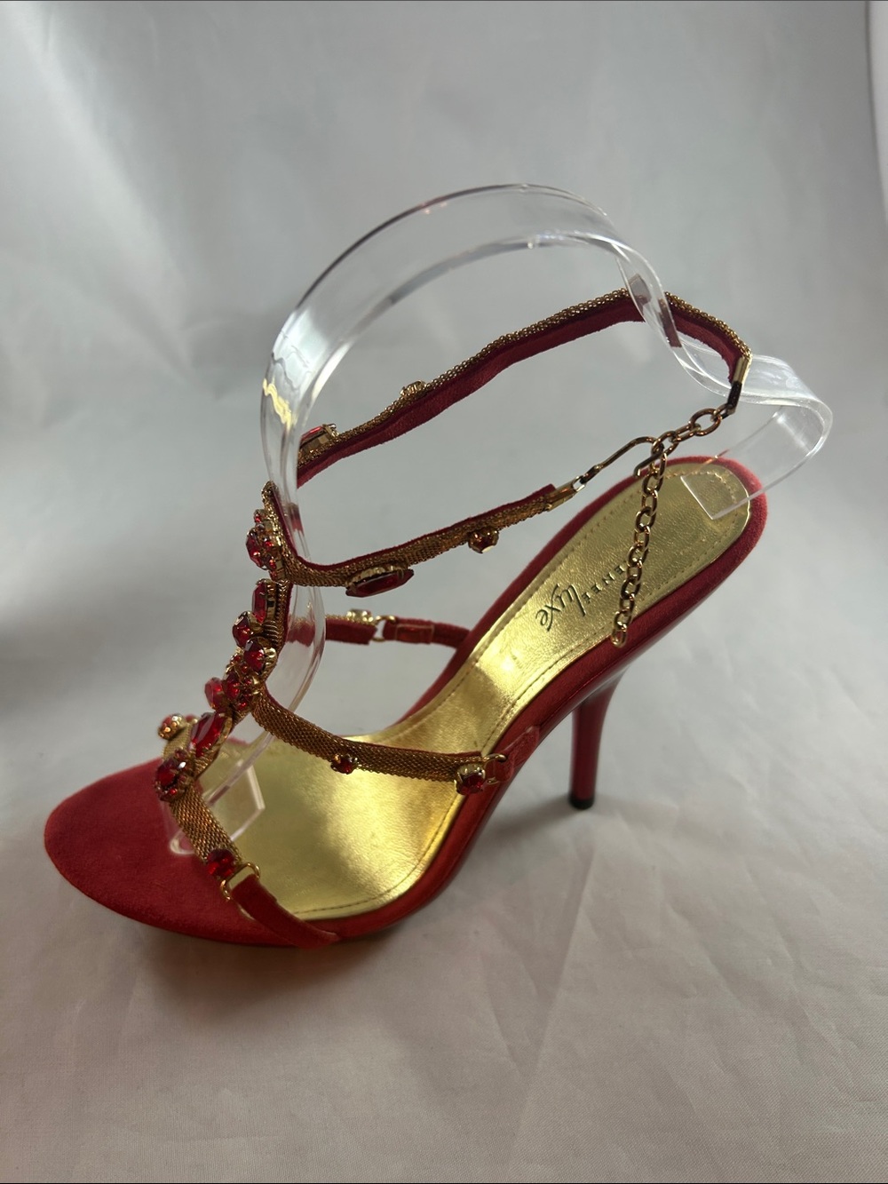 Red Jeweled T-Strap Slingback Heels - Picture 3 of 15